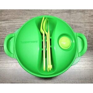 Tupperware Crystal Wave Plus Food On The Go Lunch Container Utensils Green EUC